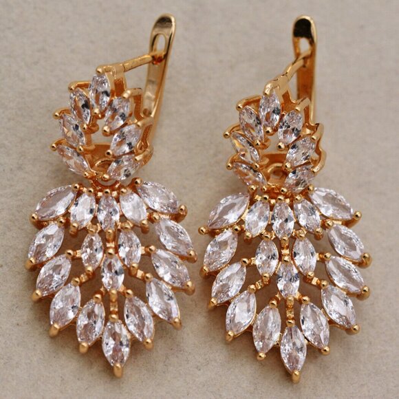 18K Yellow Gold Filled Multi Layer Flower Leaf Diamond Zircon Earrings Gorgeous - Picture 2 of 4